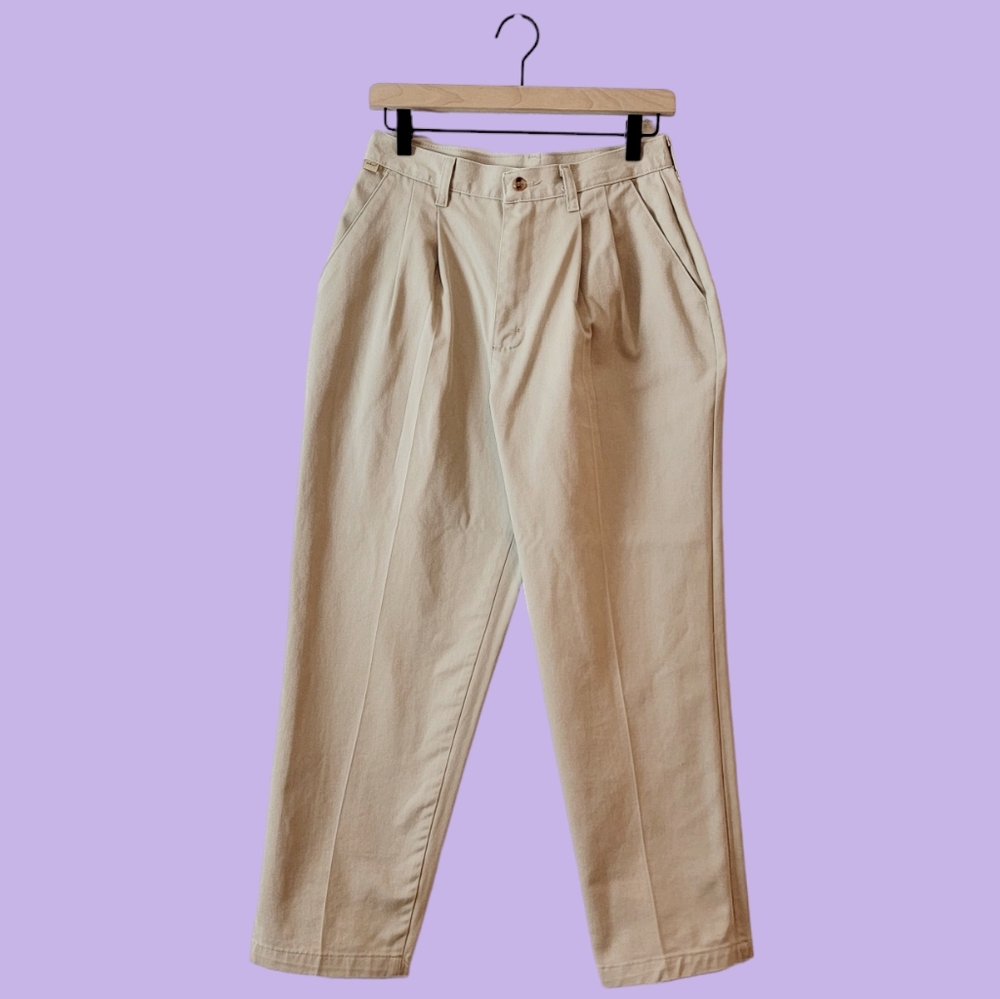 Vintage Khaki Tan 90s Womens High Rise Pleated Straight Leg Trouser Pants